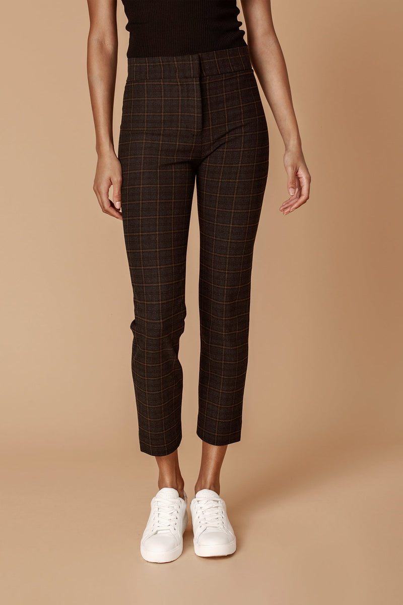 Tan Plaid Stretch Tailored Ankle Pant