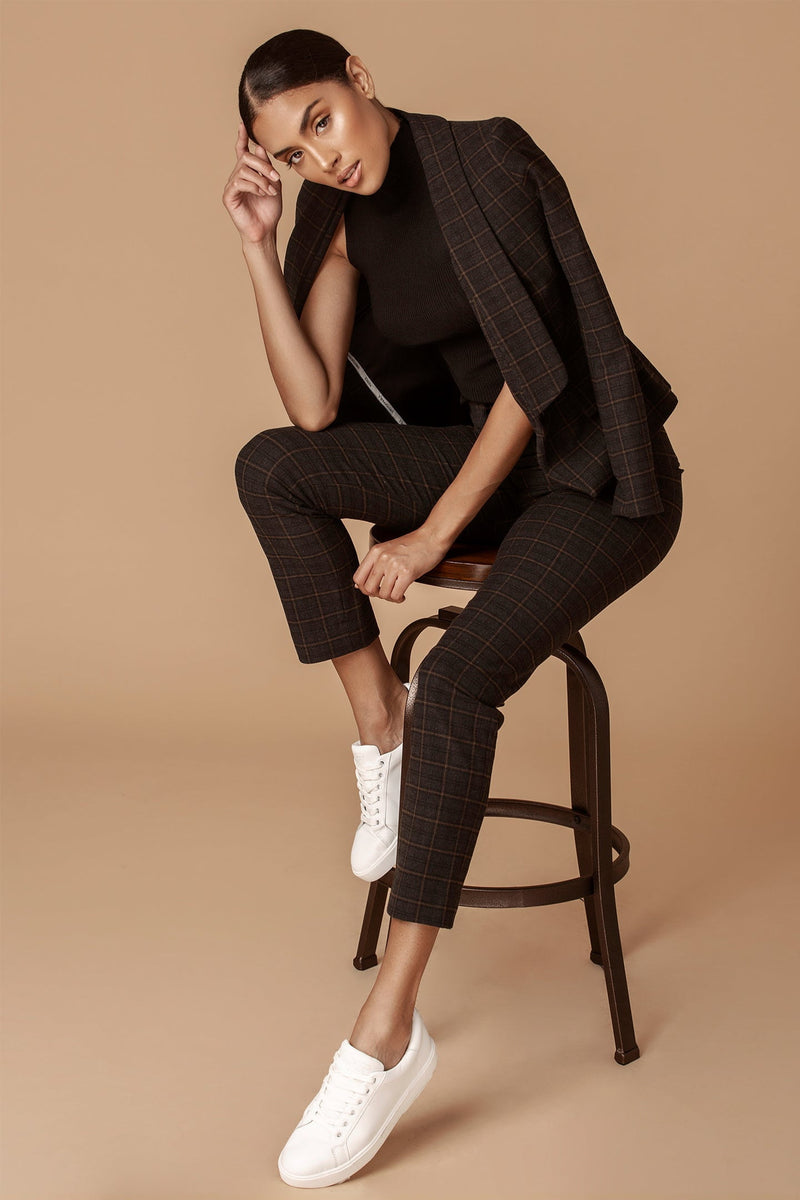 Tan Plaid Stretch Tailored Ankle Pant