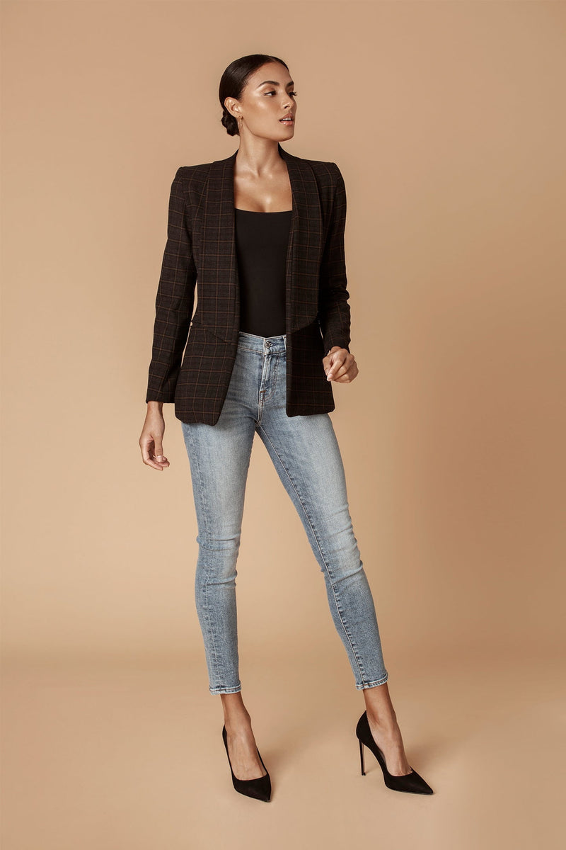 Tan Plaid Shawl Collared Boyfriend Blazer