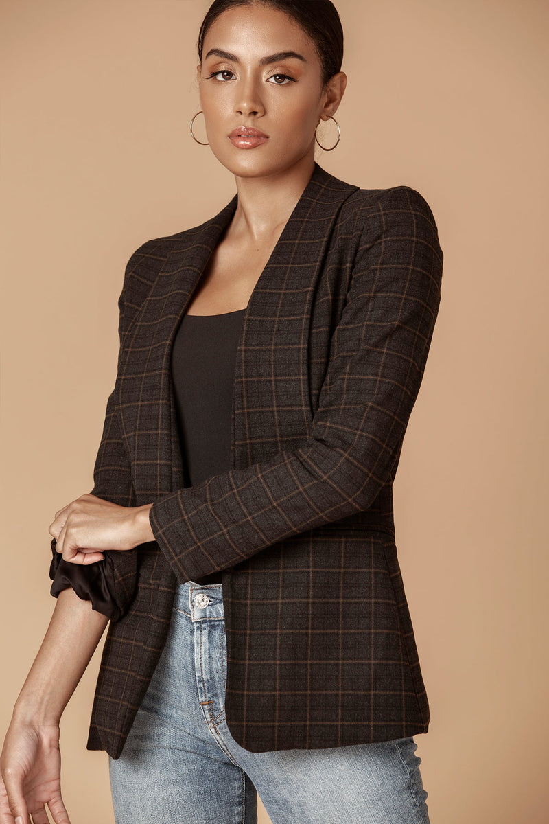 Tan Plaid Shawl Collared Boyfriend Blazer