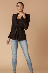 Tan Plaid Shawl Collared Boyfriend Blazer