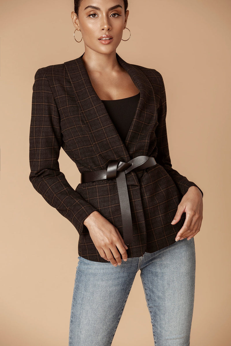 Tan Plaid Shawl Collared Boyfriend Blazer