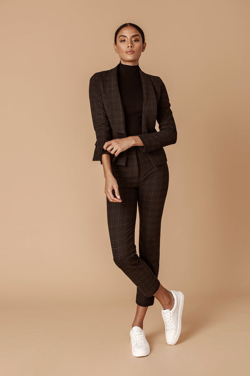 Tan Plaid Stretch Tailored Ankle Pant