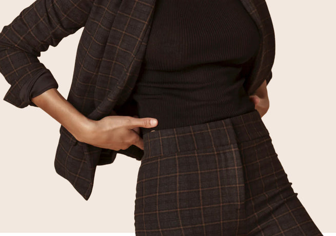 Woman wearing Classic Tan Plaid Blazer