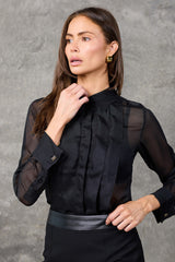 Noir Pleated Chiffon French Cuff Shirt